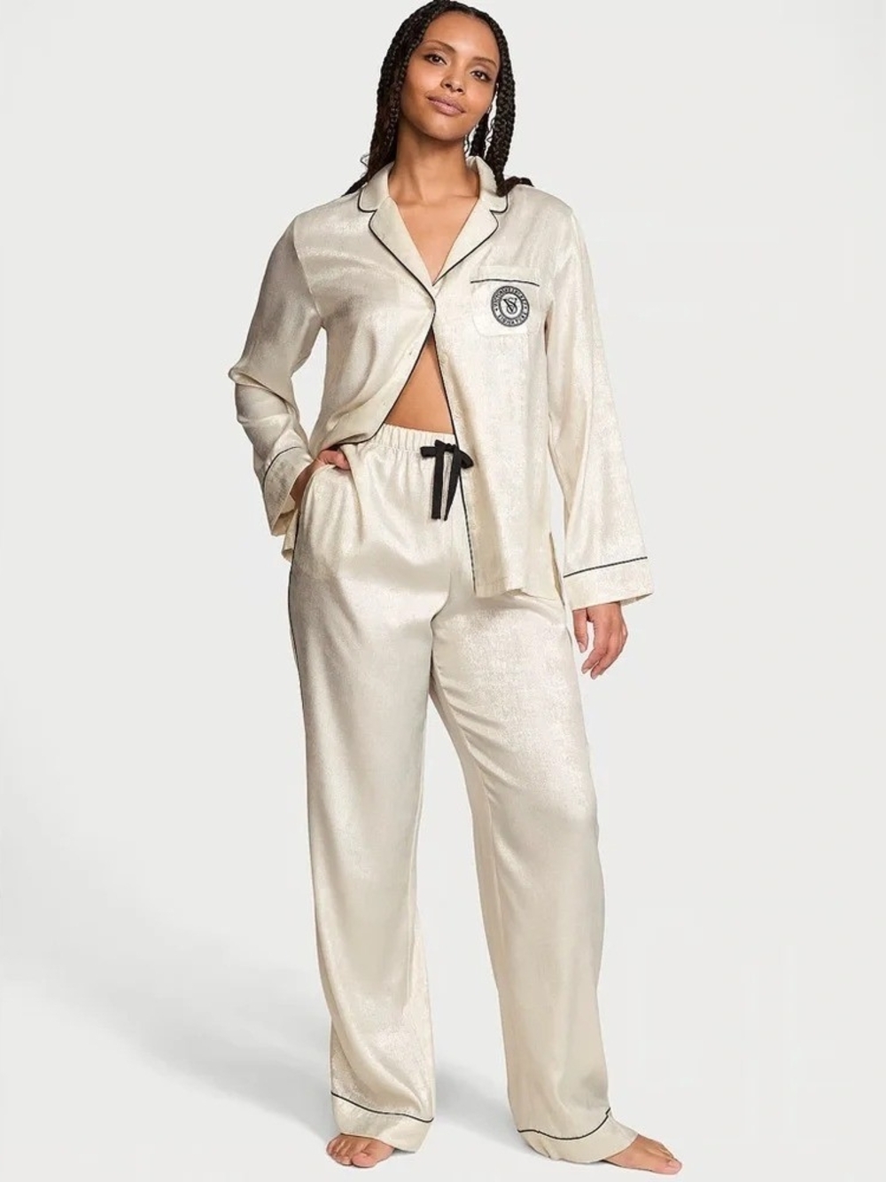 Victoria's Secret Champagne Shimmer Satin Pajama Set with Black Trim, Large